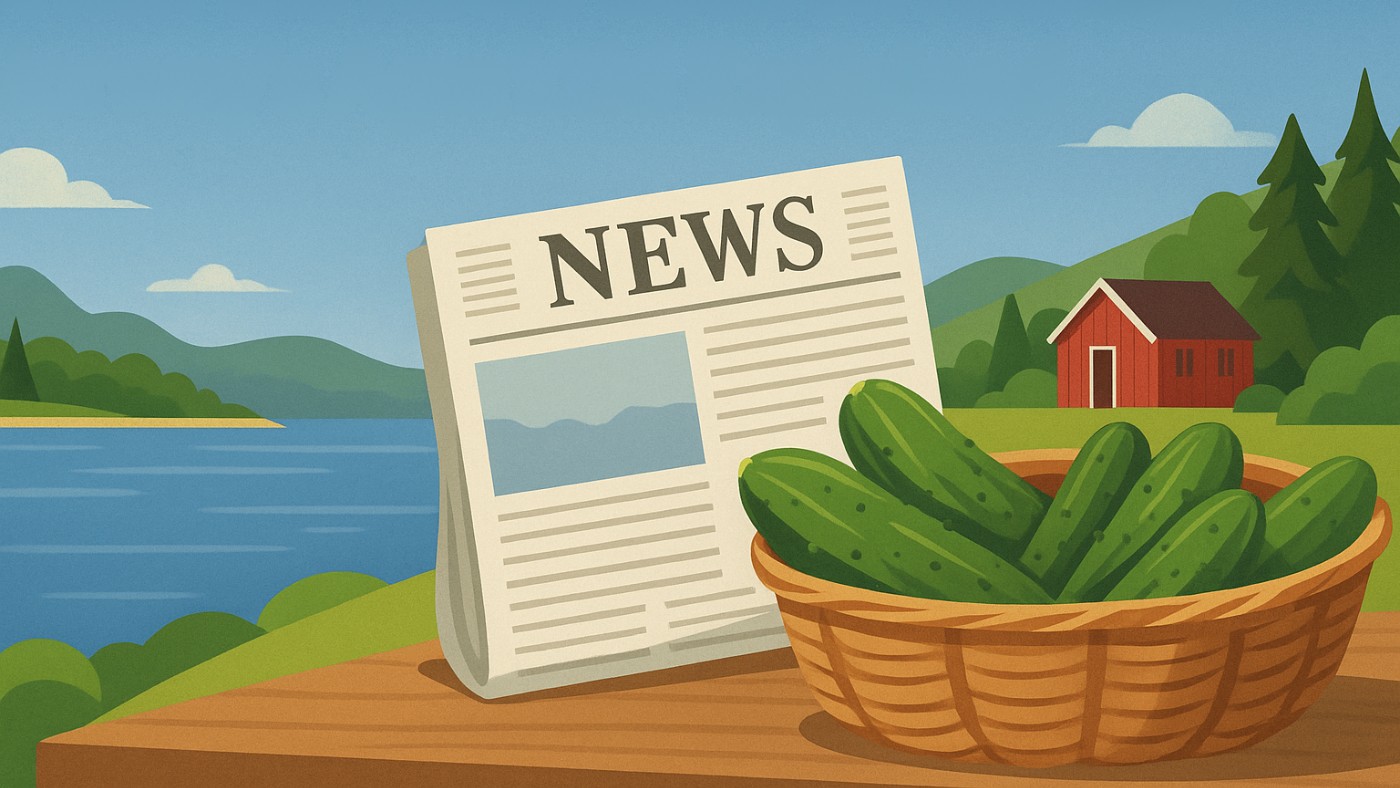 A bowl of cucumbers and a newspaper by a fjord in Norway.