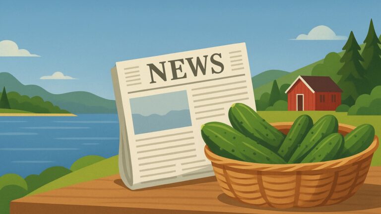 Un bol de concombres et un journal par un fjord en Norvège.