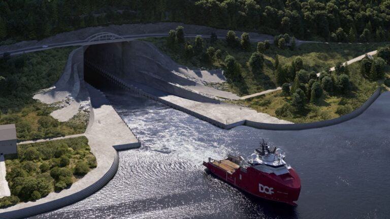 Illustration d'un navire industriel à l'aide du tunnel de navire Stad. Image: Snøhetta.