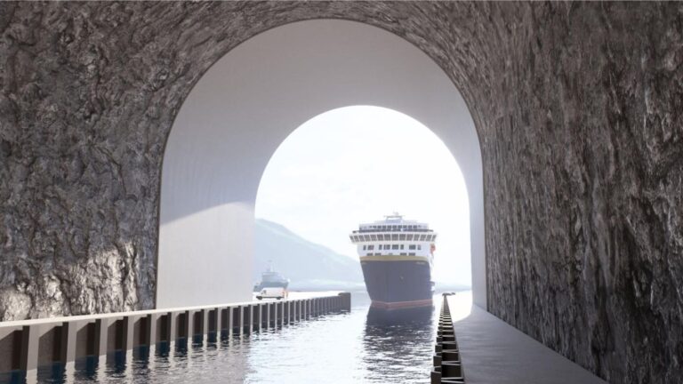 Illustration du ferry côtier de Havila dans le tunnel de navire proposé en Norvège. Image: Kystverket / Multiconsult / Link ArkiteKtur.