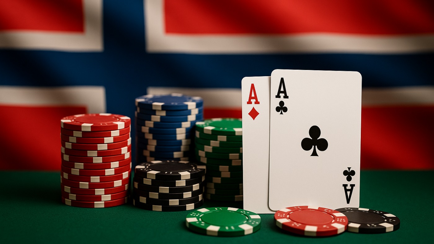 Poker chips and cards with a flag of Norway.