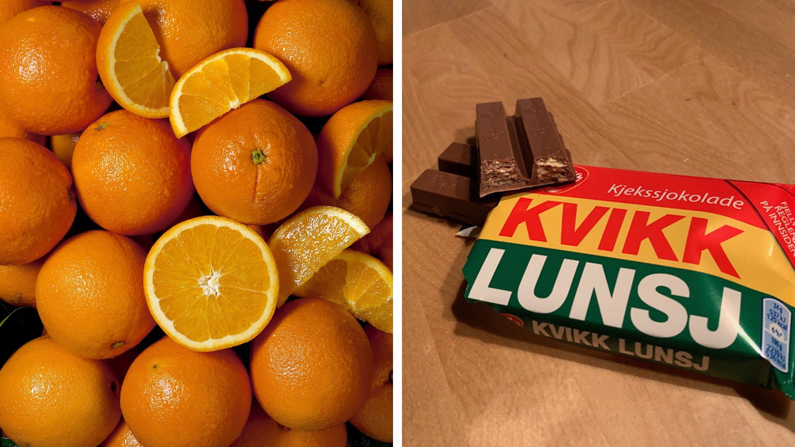 A box of oranges and a Kvikk Lunsj chocolate bar.