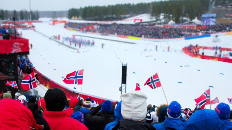 Des supporters norvégiens encouragent les skieurs aux Jeux olympiques d'hiver.