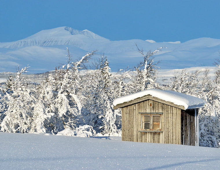 Conditions hivernales dans le sud du parc national de Rondane en Norvège, avec les montagnes Storronden et Rondslottet en arrière-plan
