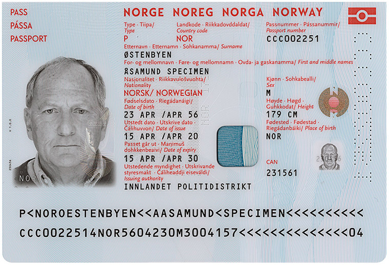 Page de détails personnels dans le passeport norvégien