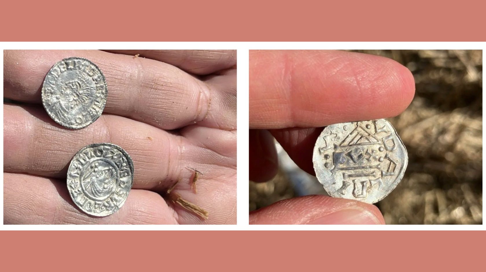 Three of the silver Viking Age coins discovered in a field. Photos: Anne Engesveen & May-Tove Smiseth / Innlandet County.