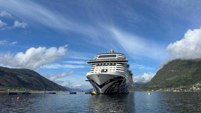 Le navire de croisière « MSC Euribia » amarré à Nordfjordeid, en Norvège. Photo : David Nikel.