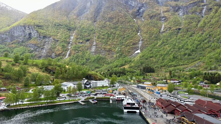 Vue du village de Flåm depuis un bateau. Photo : David Nikel.
