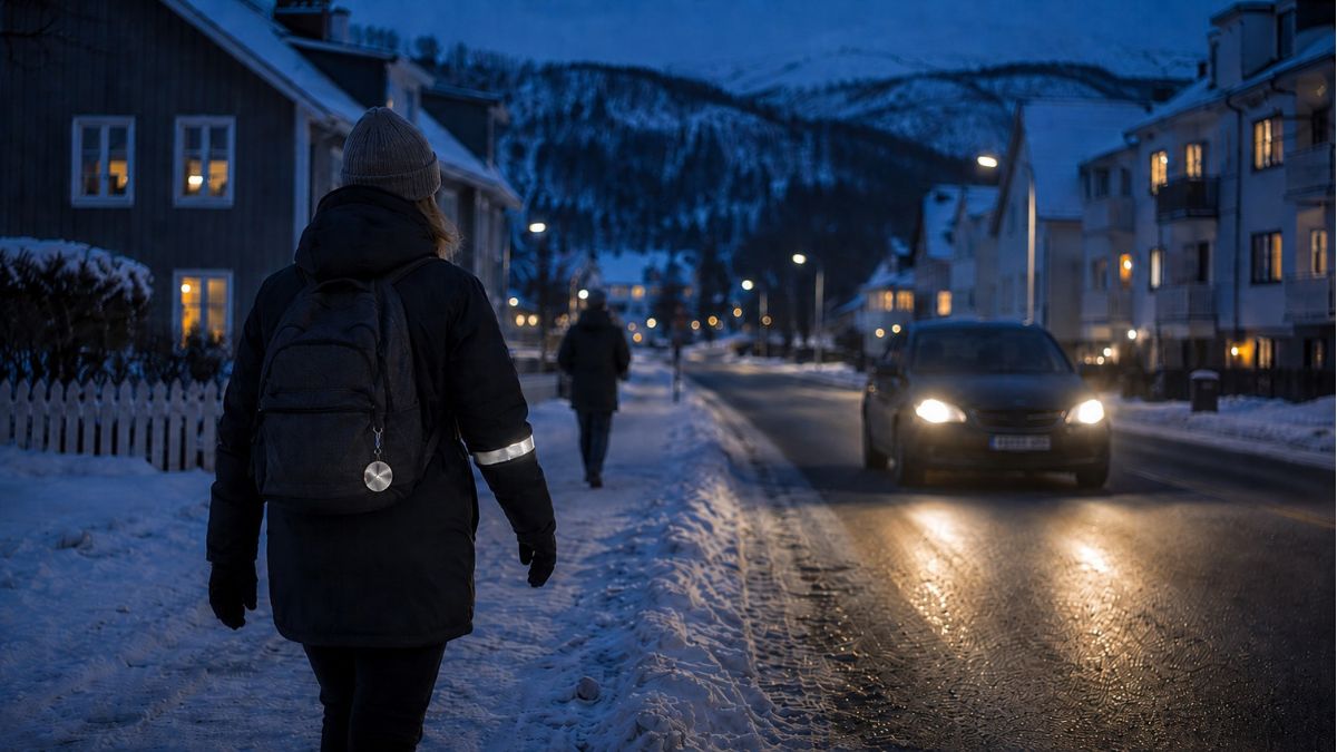 Person walking on a dark day in a Norway city wearing