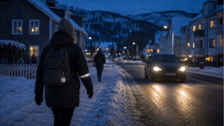 Personne marchant par une journée sombre dans une ville norvégienne portant des réflecteurs « Refleks » alors qu'une voiture passe avec les phares allumés.