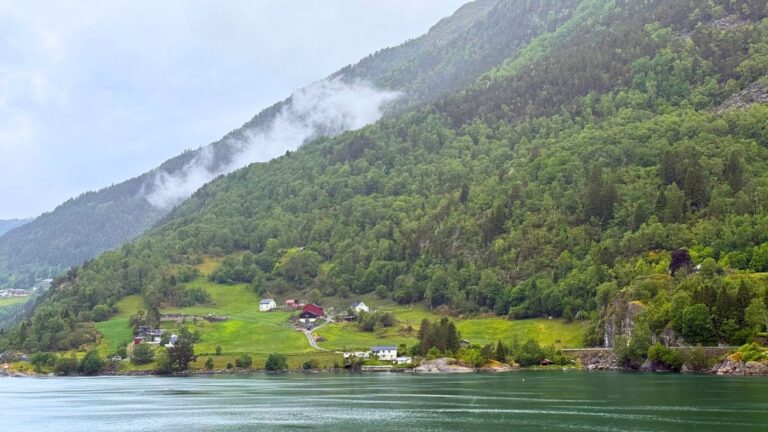 Cabanes sur le rivage dans un paysage de fjord norvégien. Photo : David Nikel.